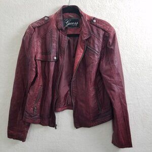 Guess Burgundy Faux Leather Bomber Jacket multi-pocket light weight Womens L